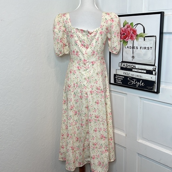 NWT 70/21 Floral Puff Sleeve Drawstring High Slit Dress Size S - Picture 4 of 9